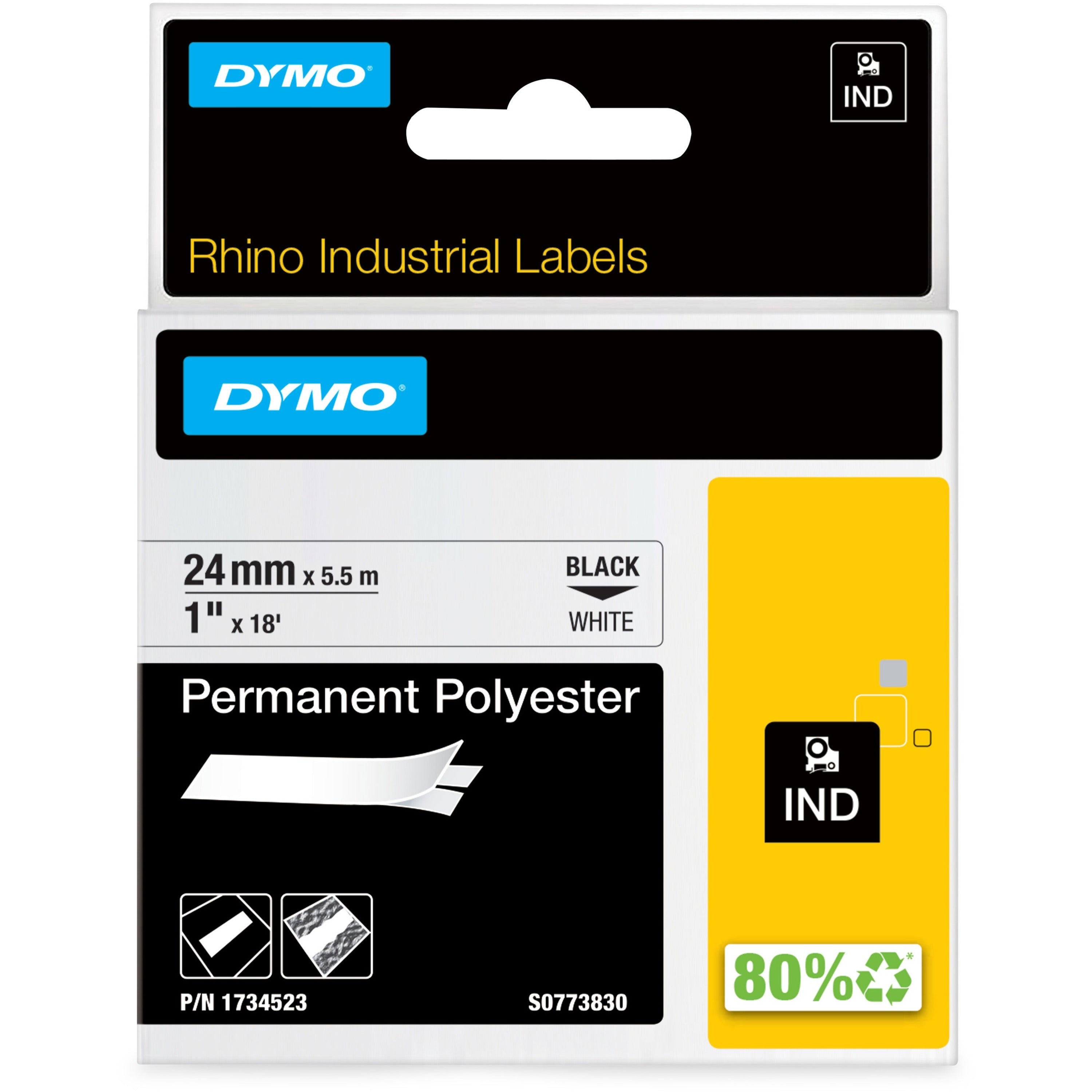 Dymo RHINO 1WHITE PERMANENT POLY, 18 ft