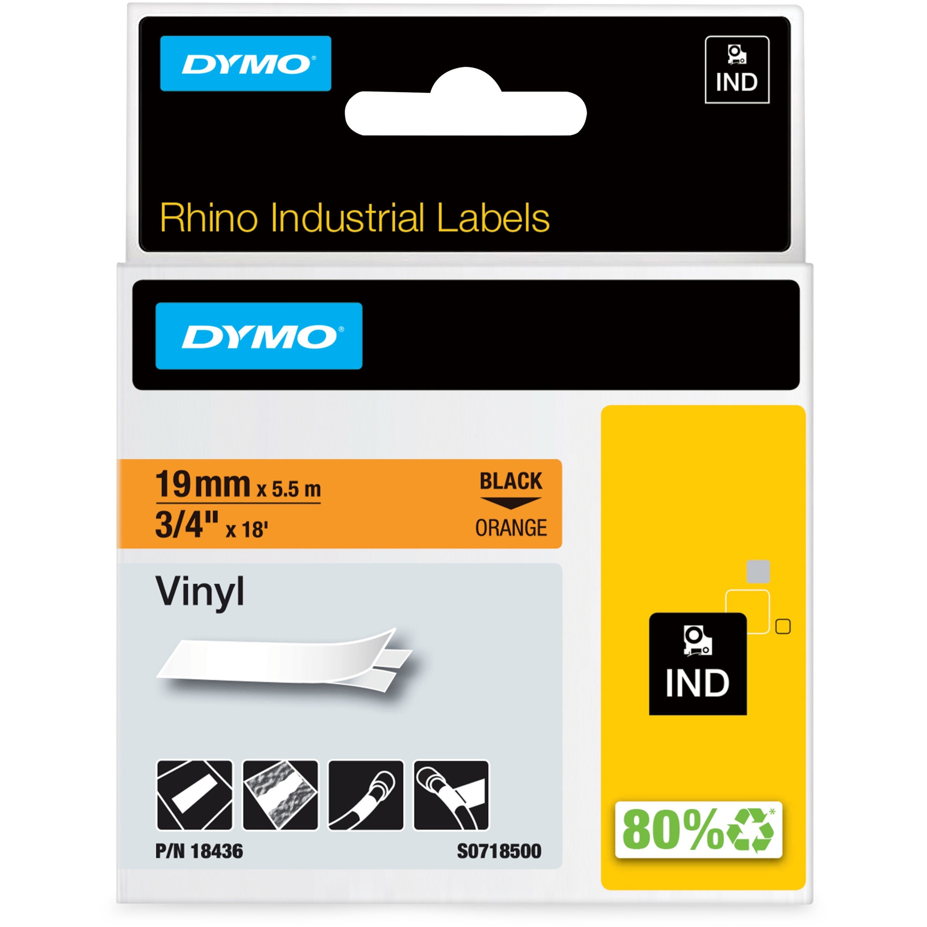 Newell Dymo Colored Industrial Rhino Vinyl Labels, 4 in, Black