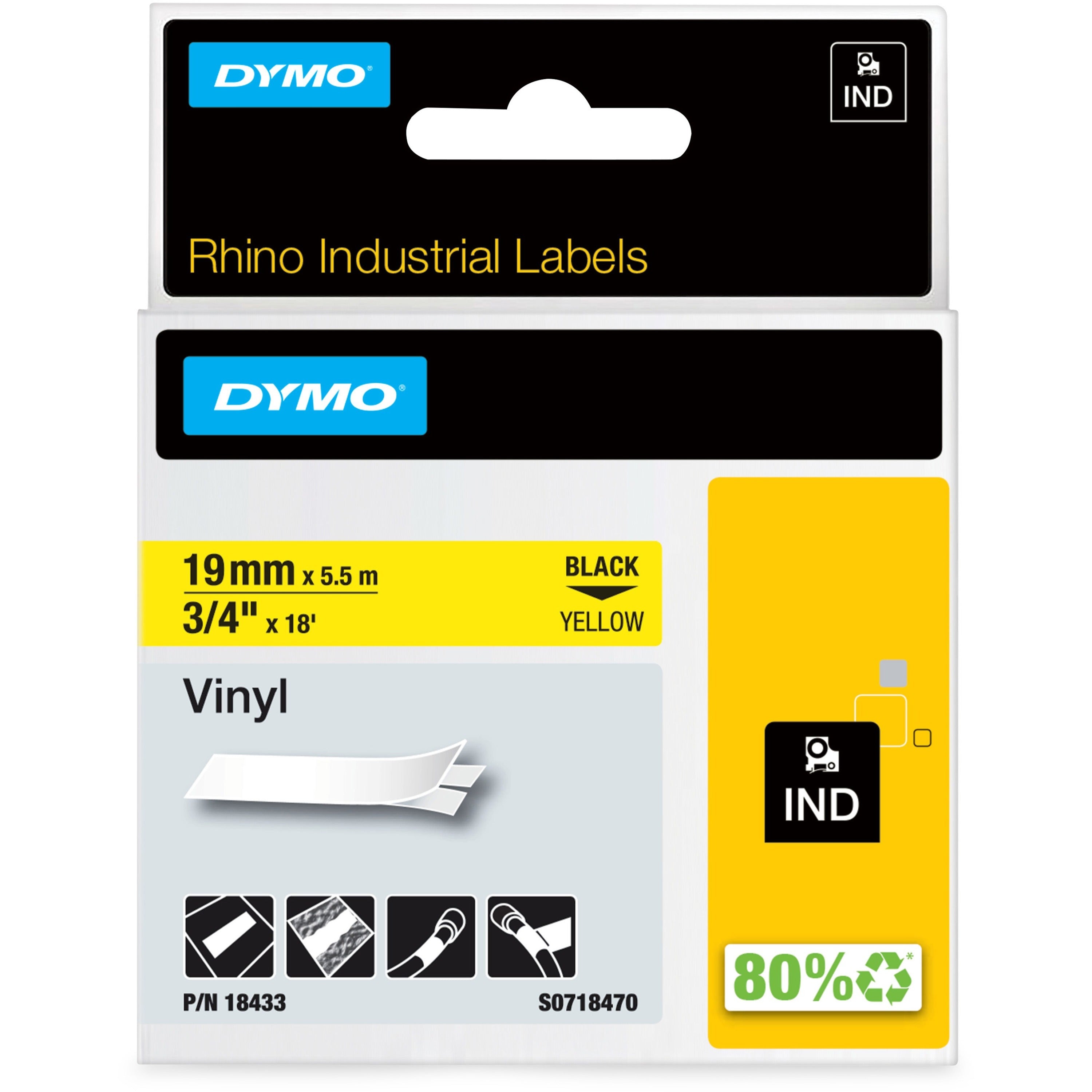 Newell Dymo Colored Industrial Rhino Vinyl Labels, 4 in, Yellow