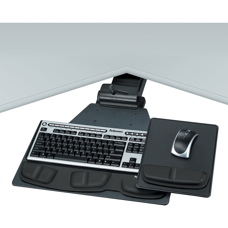 Fellowes Professional Series Corner Executive Keyboard Tray, 1.25 in, Black