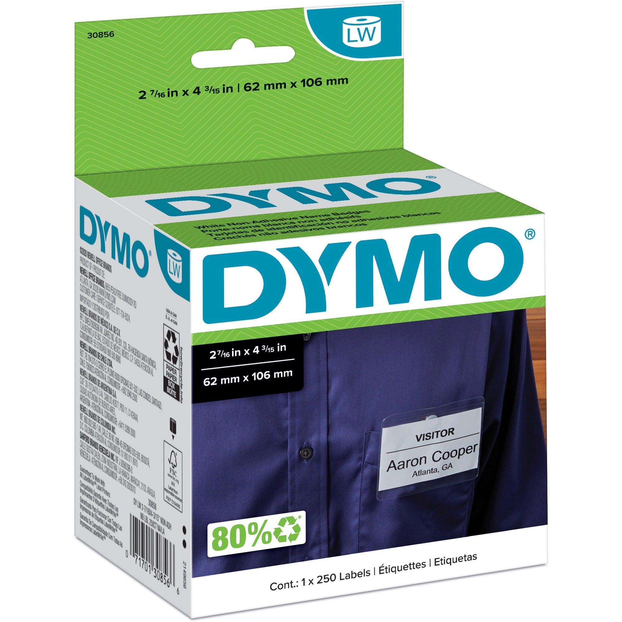 Newell Dymo Non-Adhesive LabelWriter Name Badge Labels, 16 in, White