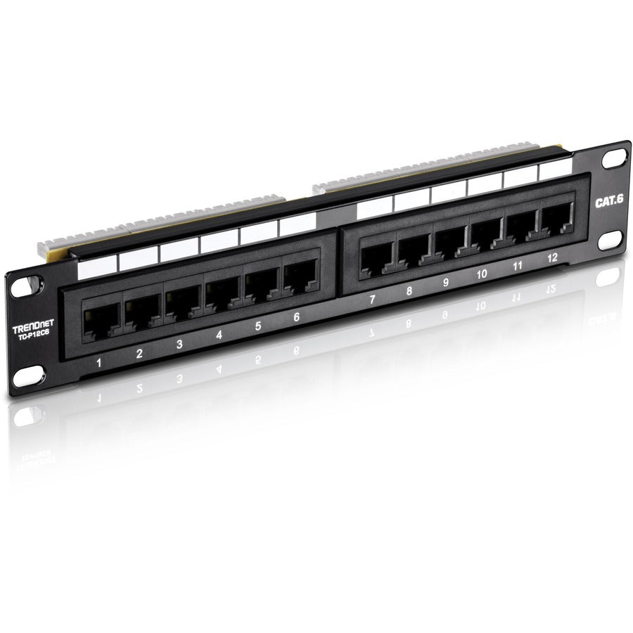 TRENDnet 12-Port Cat6 Unshielded Patch Panel, TC-P12C6, 10 Inch Wide, 12 x Gigabit RJ-45 Ethernet Ports, Metal Housing, 250MHz Connection, Color-coded labeling for T568A &