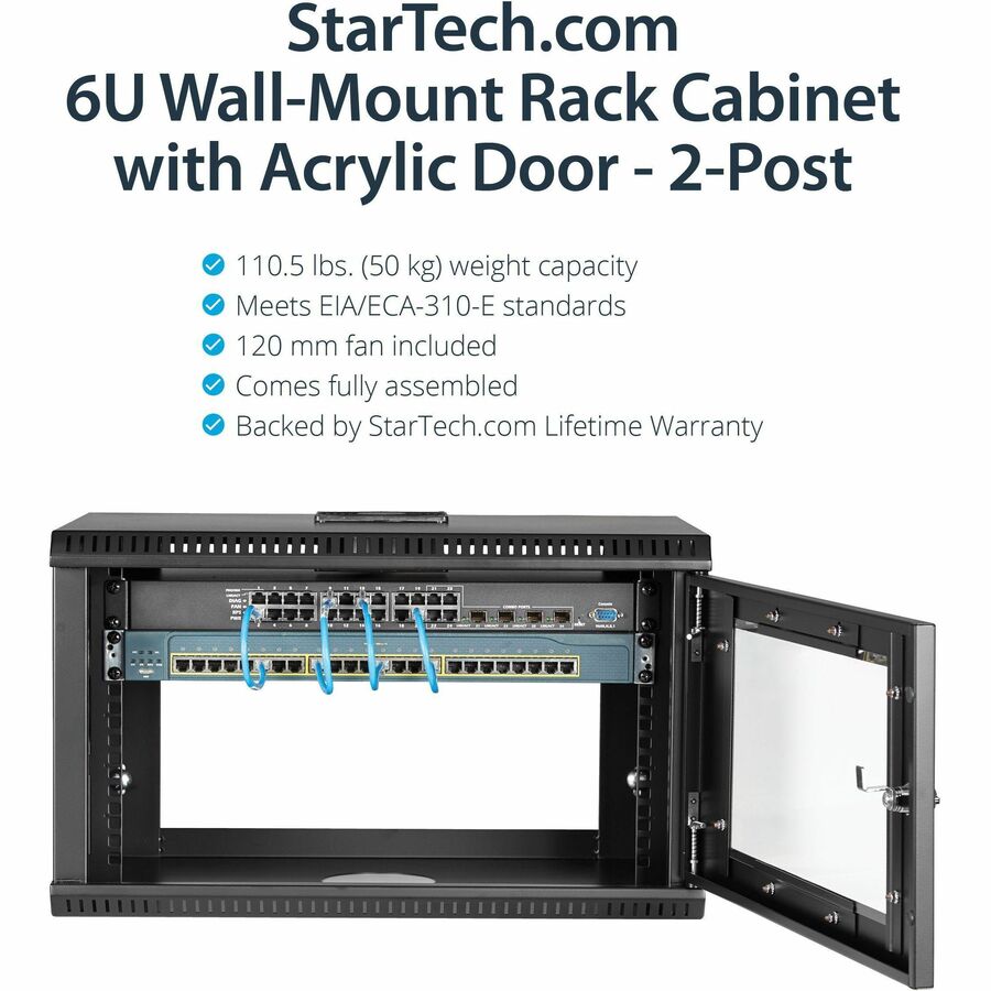 StarTech.com 2-Post 6U Wall Mount Network Cabinet w/ Acrylic Door, 19" Small Wall-Mounted Server Rack for Data / Computer Equipment