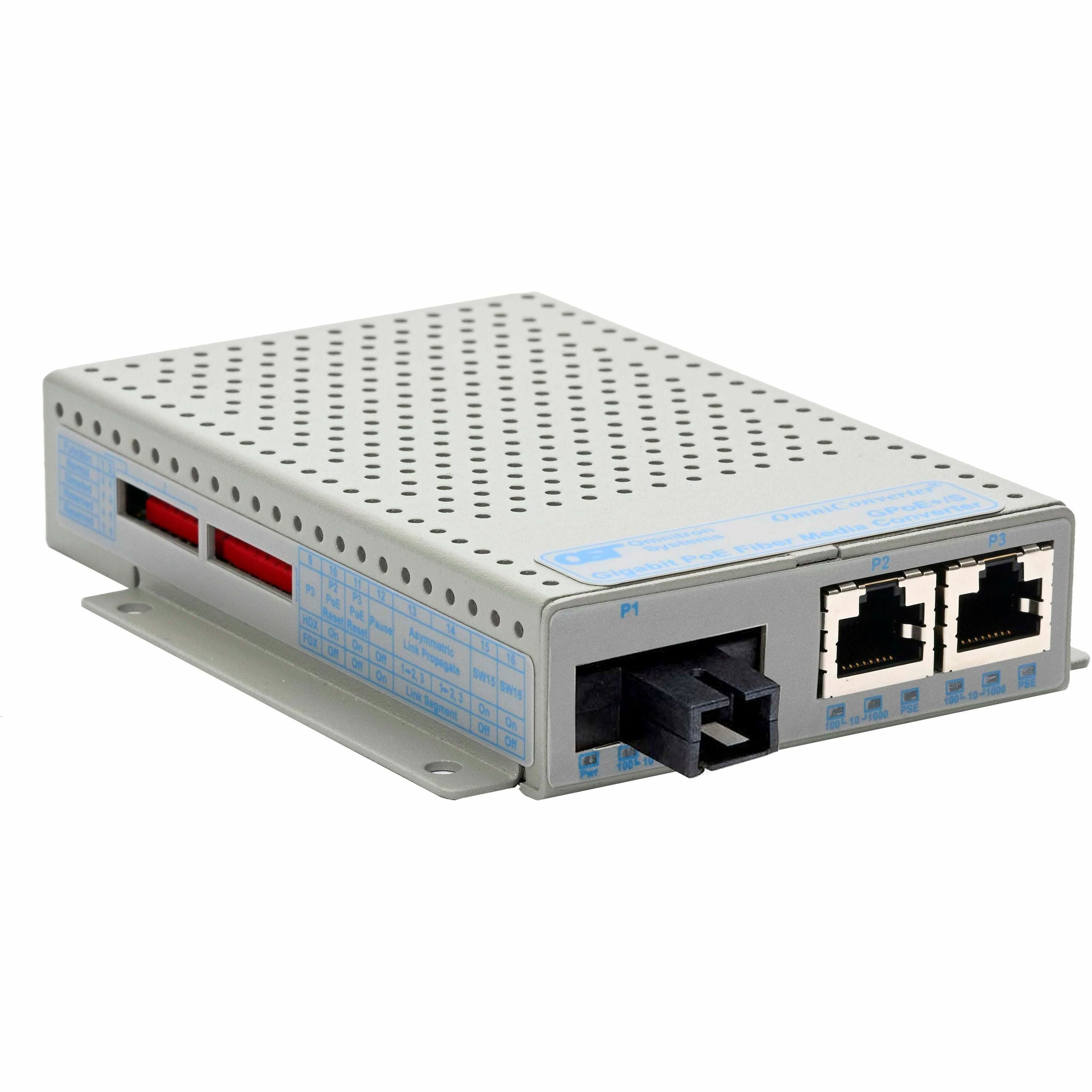 Omnitron OmniConverter 10/100/1000 PoE+ Gigabit Ethernet Single-Fiber Media Converter Switch RJ45 SC Single-Mode 20km Wide Temp