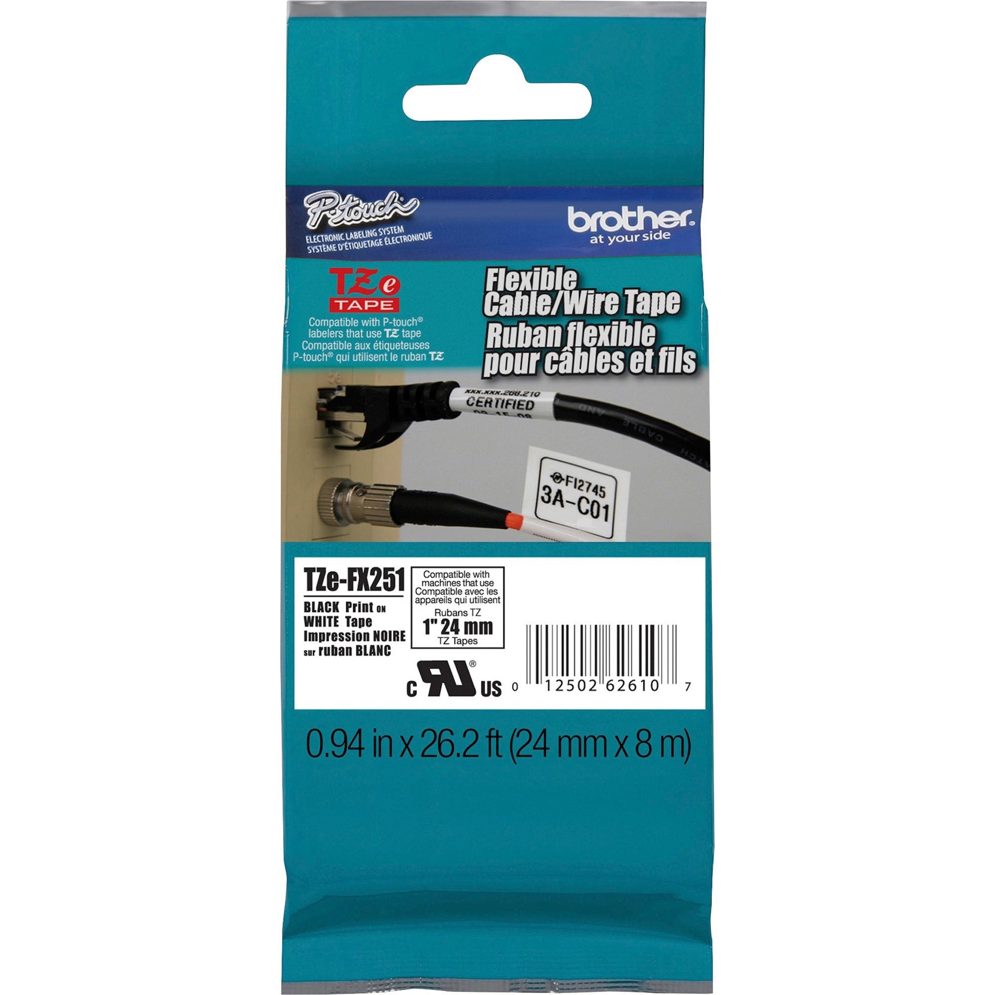 Brother P-touch 1" Black on White Flexible ID Tape