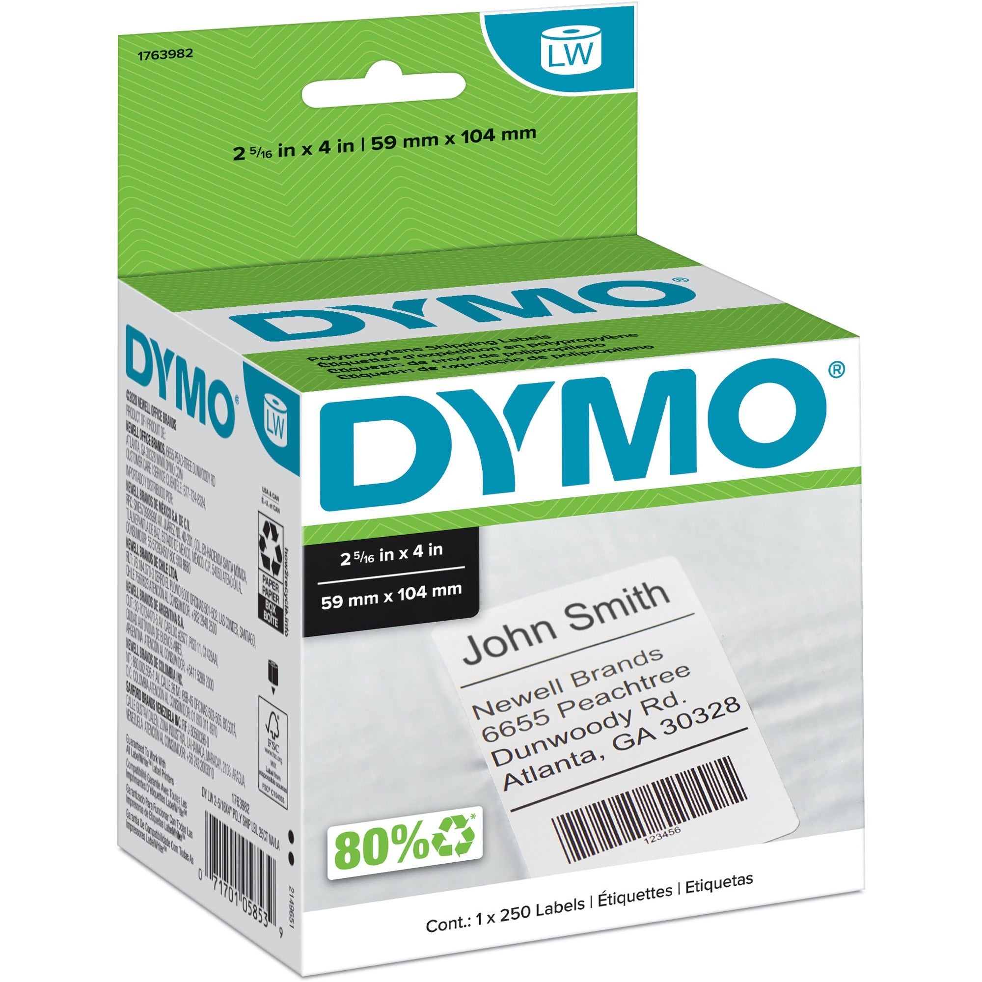 Dymo Permanent Poly Shipping Labels, 4", White