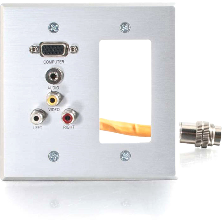 Legrand C2G RapidRun Double Gang Integrated VGA (HD15) + 3.5mm + Composite Video + Stereo Audio + Decorative Style Cut-Out Wall Plate - Brushed Aluminum