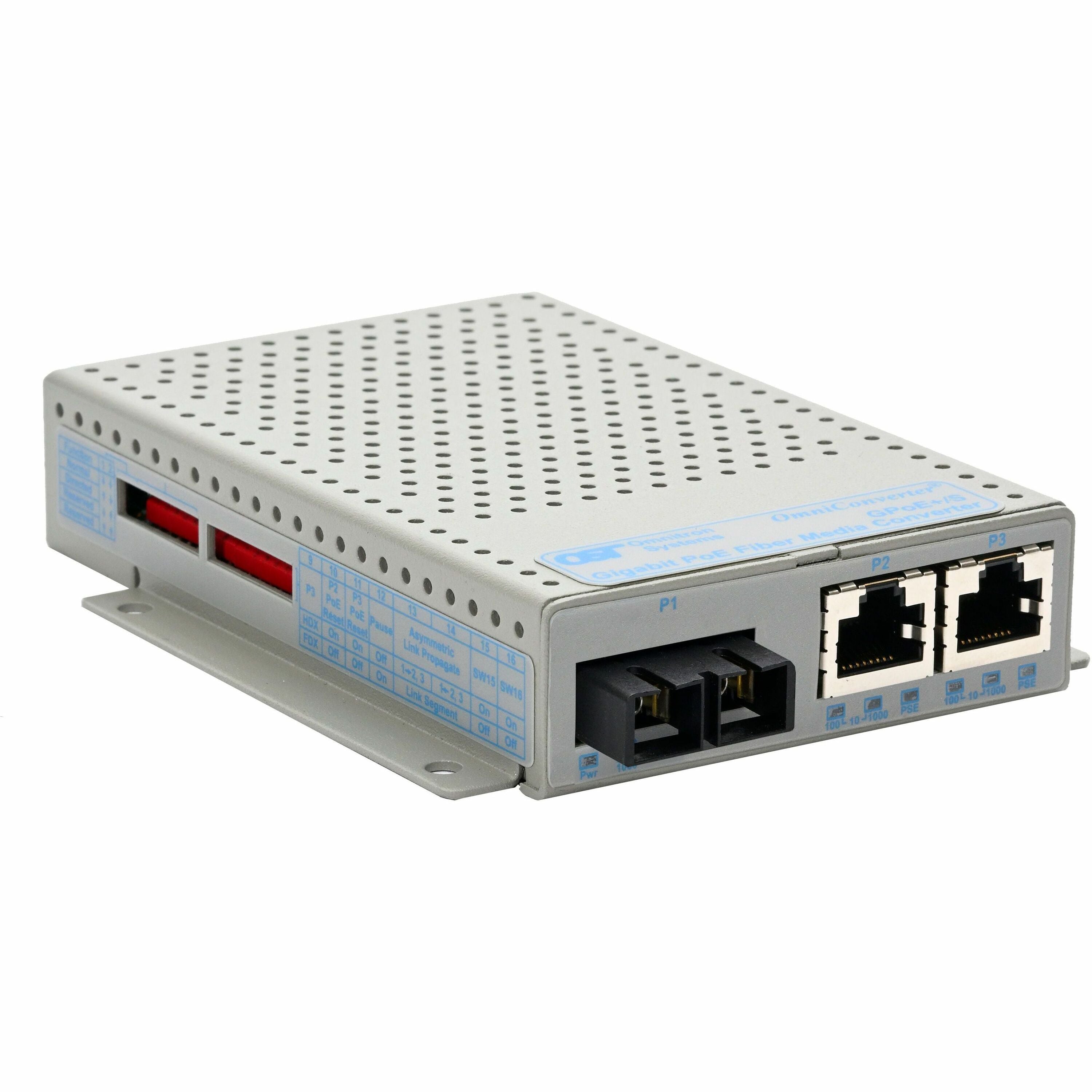 Omnitron OmniConverter 10/100/1000 PoE+ Gigabit Ethernet Fiber Media Converter Switch RJ45 SC Single-Mode 12km Extended Temp