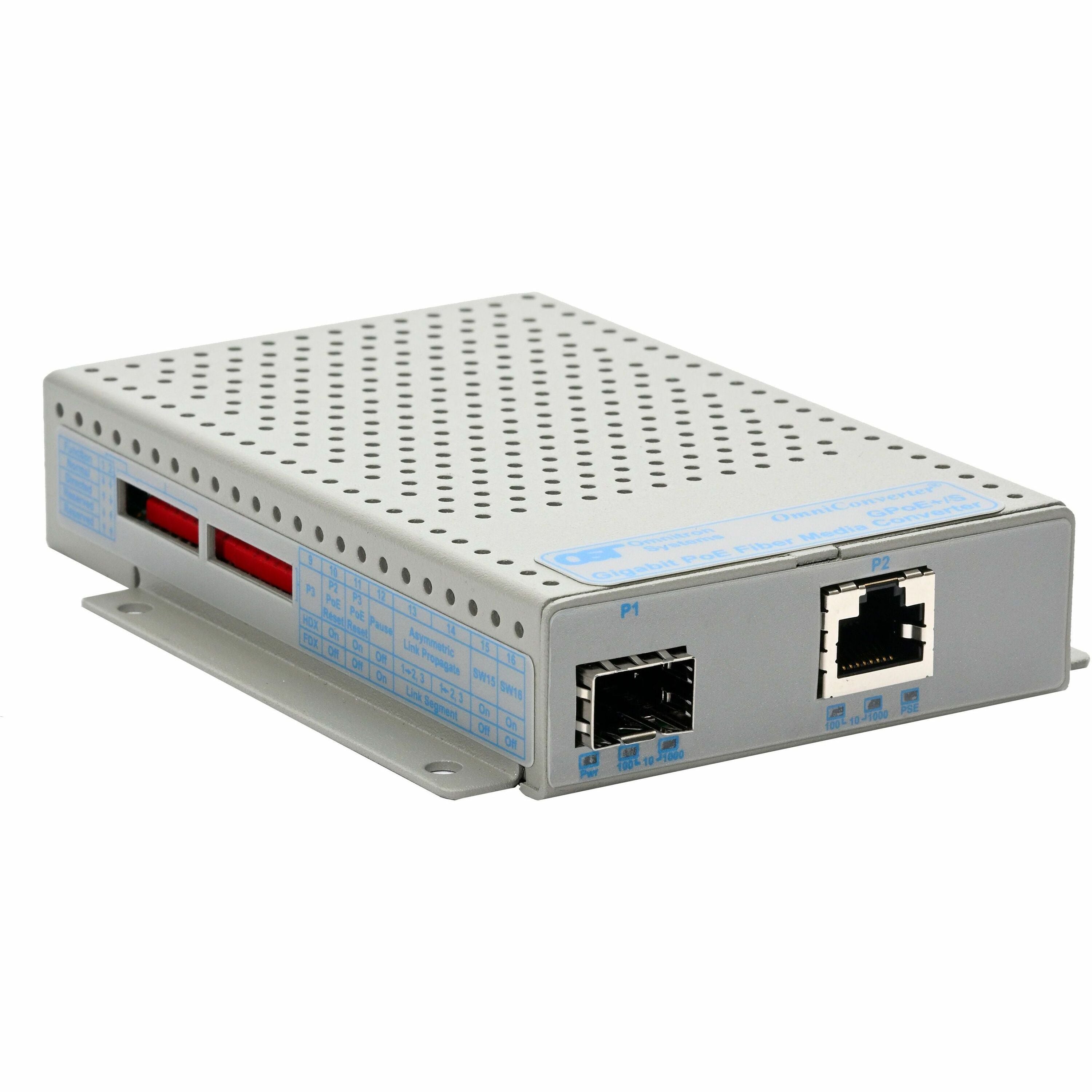 Omnitron OmniConverter 10/100/1000 PoE+ Gigabit Ethernet Fiber Media Converter Switch RJ45 SFP