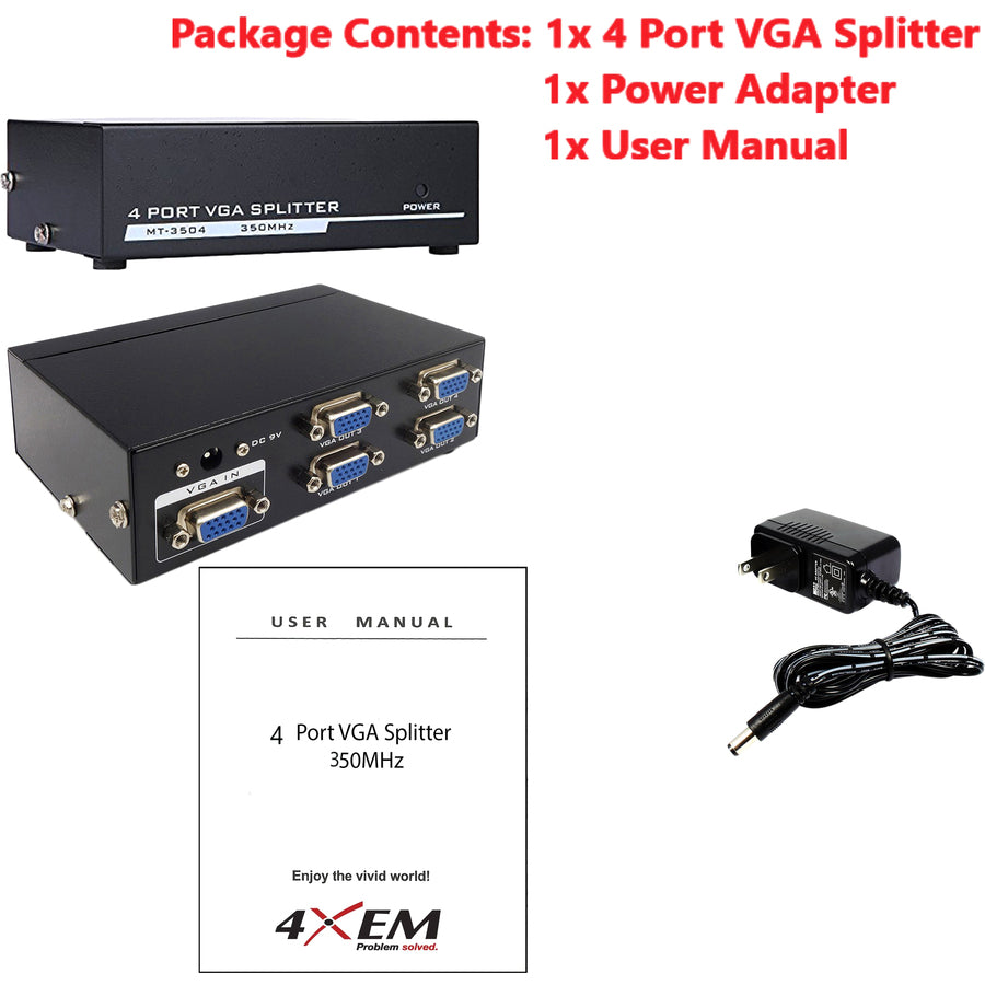 4XEM 4-Port VGA Splitter 350 MHz