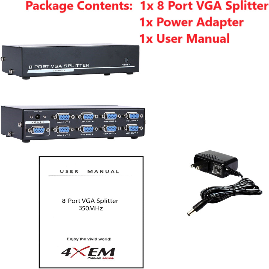 4XEM 8-Port VGA Splitter 350 MHz