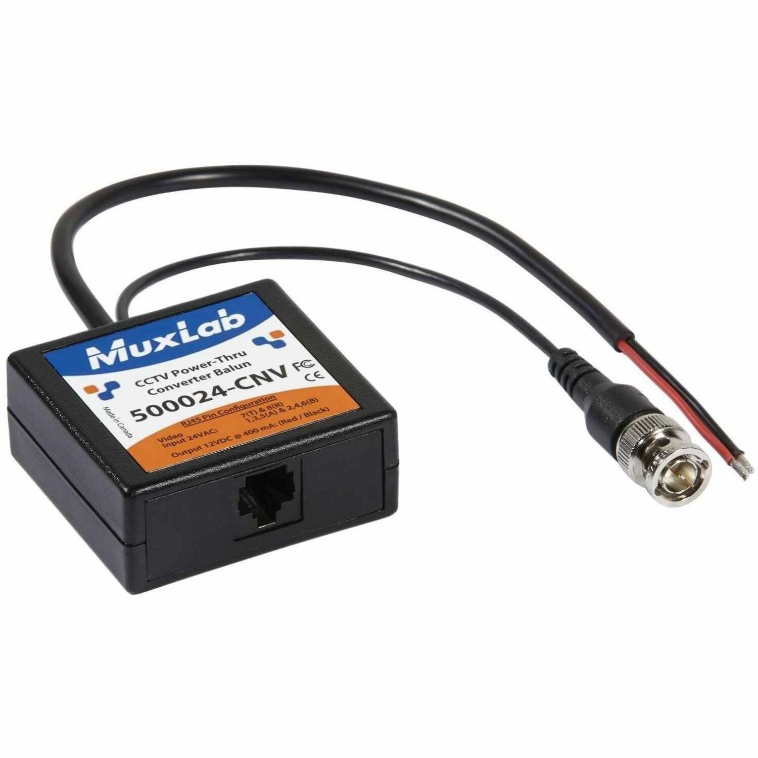 MuxLab CCTV Power-Thru Converter Balun (24VAC-To-12VDC)