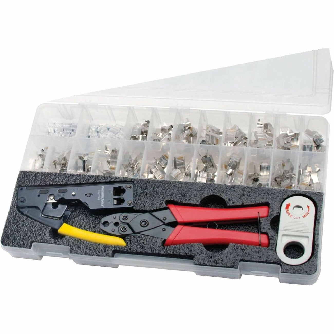 Platinum Tools 10Gig Termination Kit, Tele-TitanXg&reg; Cat6A/10Gig Crimp Tool100 x RJ45 Cat6A/10Gig Shielded ConnectorsCyclops&reg;2 Cable Jacket StripperCT-360 External Ground Crimp Tool
