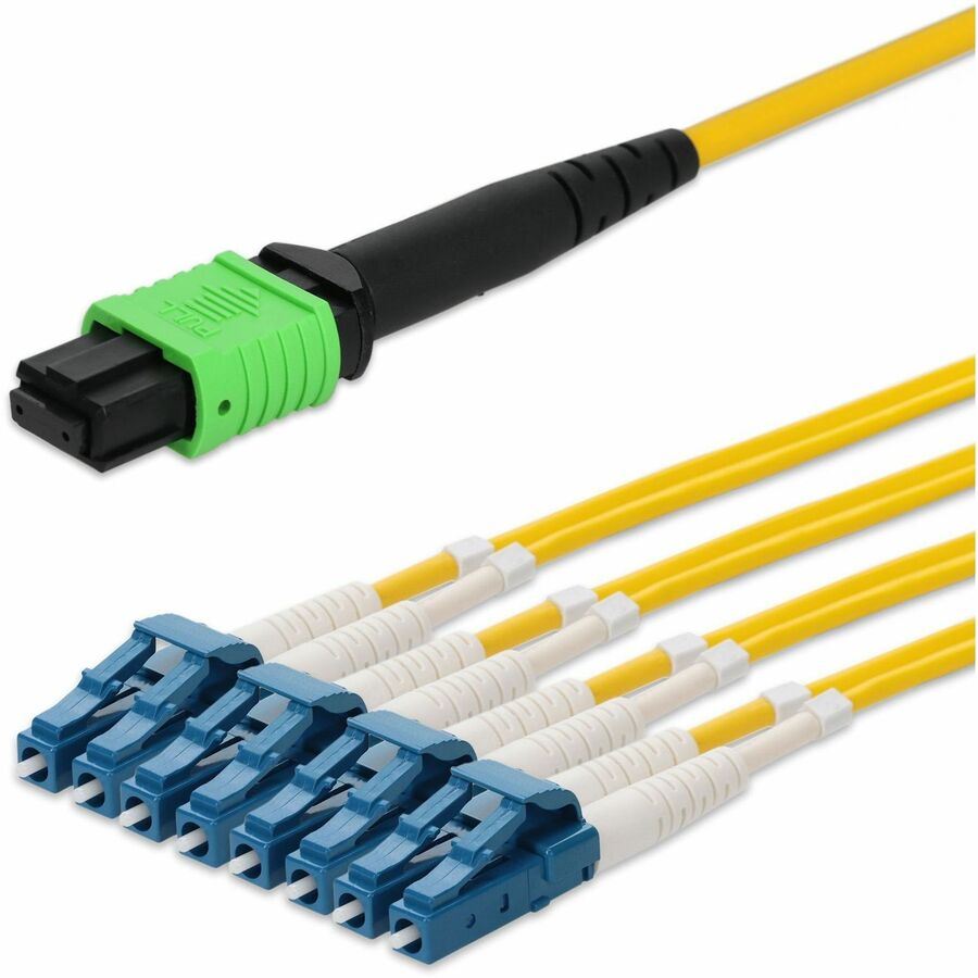 AddOn 10m MPO-12 to 4xLC Duplex (8xLC) Yellow OS2 OFNR (Riser-Rated) 8-Strand SMF Fiber Fanout Cable