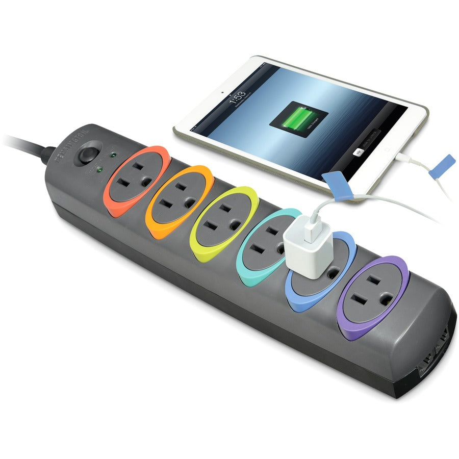 ACCO Kensington&reg; SmartSockets&reg; Surge Strip, 370 Joules, 6' Cord, 6 Power & 1 Phone Outlet, Color Coded