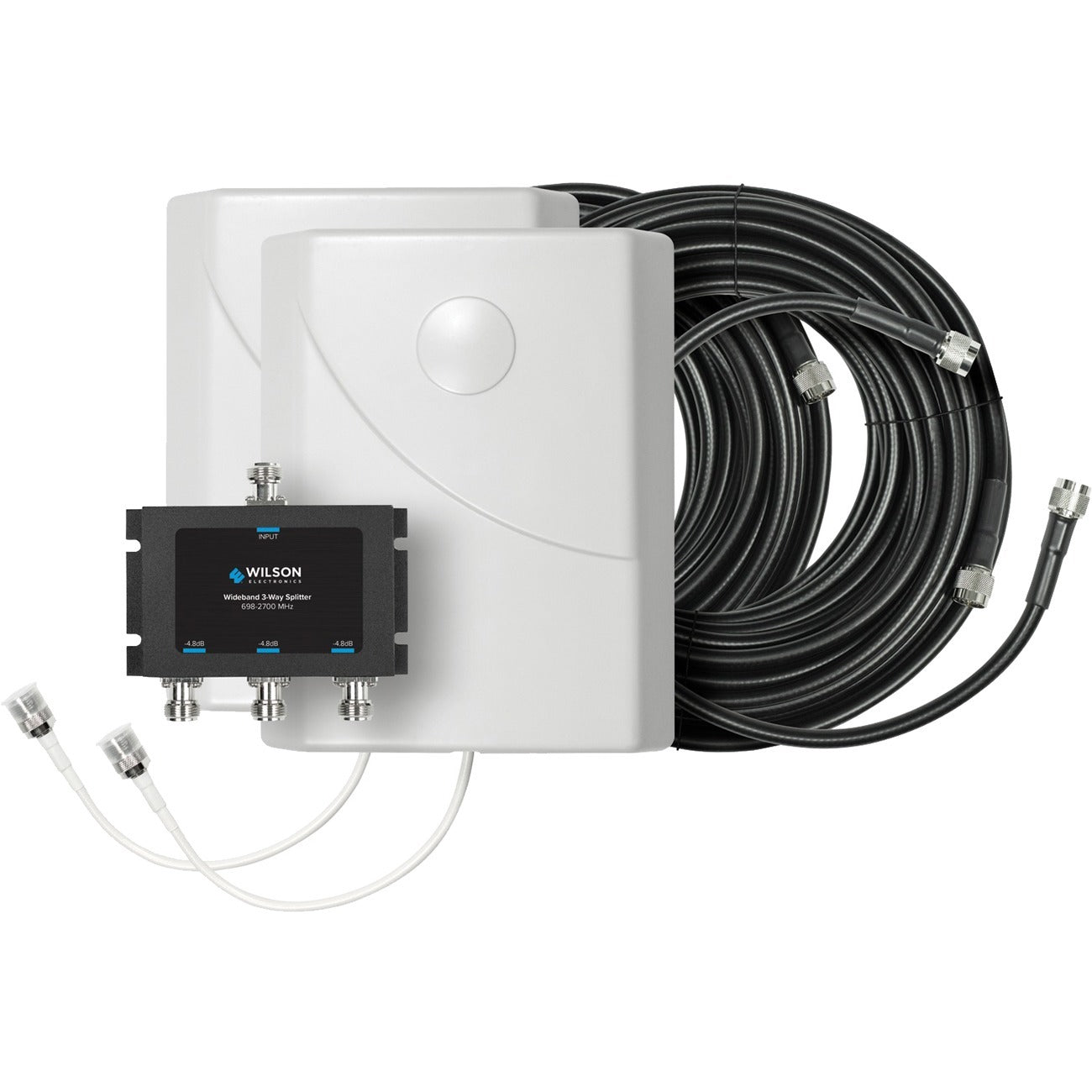 WilsonPro Double Antenna Expansion Kit, 1 x 50 Ohm 3-Way Splitter 1 x 2ft. Wilson 400 Cable 2 x 50ft. Wilson 400 Cable 2 x Wall Mount Panel Antenna, 309907-50N