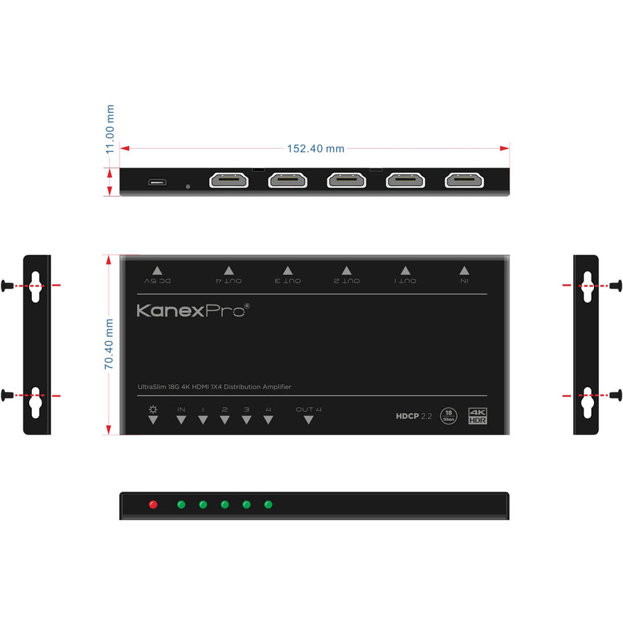 KanexPro UltraSlim 4K HDMI 1X4 Splitter w/ 4:4:4 Color Space & 18G