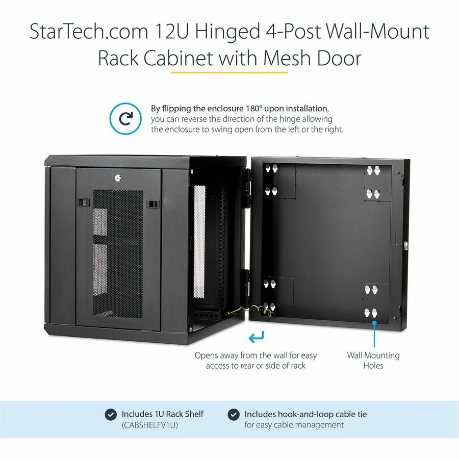 StarTech.com 4-Post 12U Wall Mount Network Cabinet, 19" Hinged Wall-Mounted Server Rack for IT Equipment, Flexible Lockable Rack Enclosure