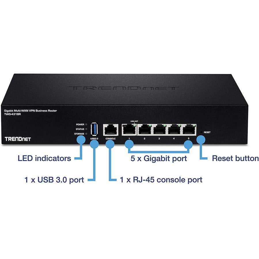 TRENDnet Gigabit Multi-WAN VPN Business Router; TWG-431BR; 5 x Gigabit ports; 1 x Console Port; QoS; Inter-VLAN Routing; Dynamic Routing; Load-Balancing; High Availability; Online Firmware
