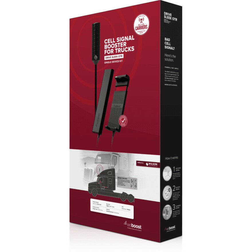 WeBoost Drive Sleek OTR Booster Kit, 4G LTE, 8.80 oz, Drive Sleek OTR Sleek Cradle Outside Antenna Mast Extension-Side Exit Adapter Power Supply Cradle Mount 3-Way Antenna Mount Antenna Spring
