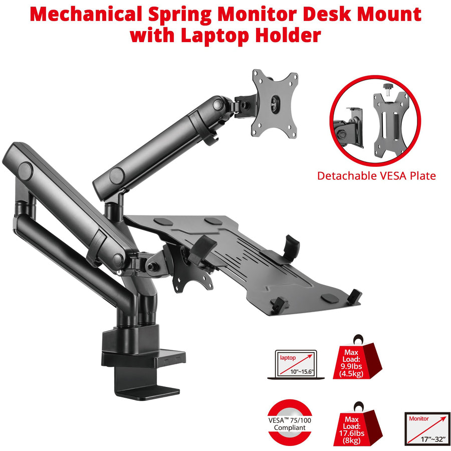 SIIG Aluminum Mechanical Spring Slim Monitor Arm with Laptop Holder - 17" to 32", 44.76 in, Black, CE-MT2V12-S1