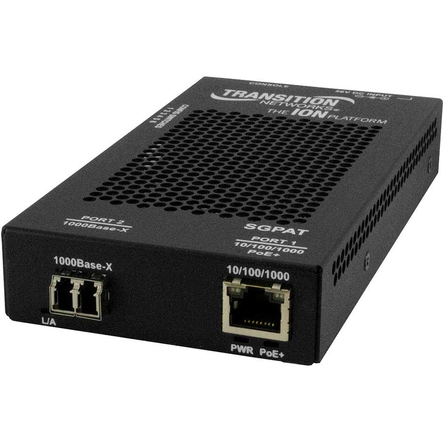 Transition Networks SGPAT1039-105 Transceiver/Media Converter, 10/100/1000Base-T, 2 lb, 3-port version offers (1) RJ-45 PoE+ port and (2) open SFP slots