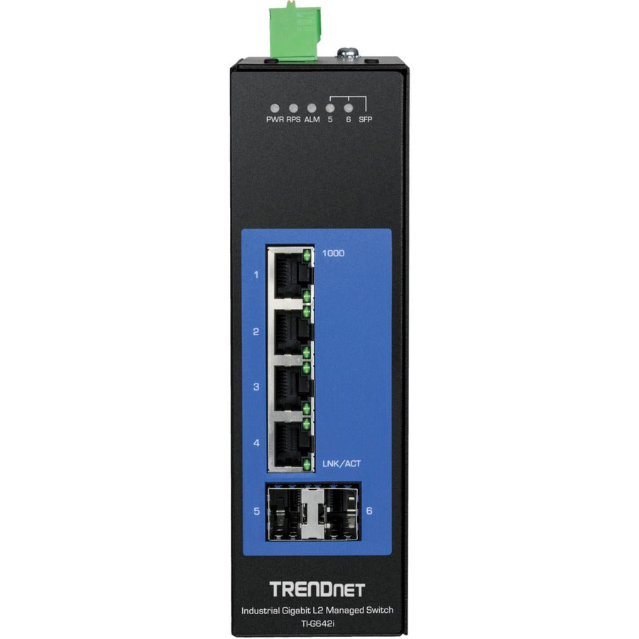 TRENDnet 6-Port Industrial Gigabit L2 Managed DIN-Rail Switch; 4 x Gigabit Ports; 2 x SFP Slots; DIN-Rail Mount; IP30; VLAN; QoS; LACP; STP/RSTP; Bandwidth management;