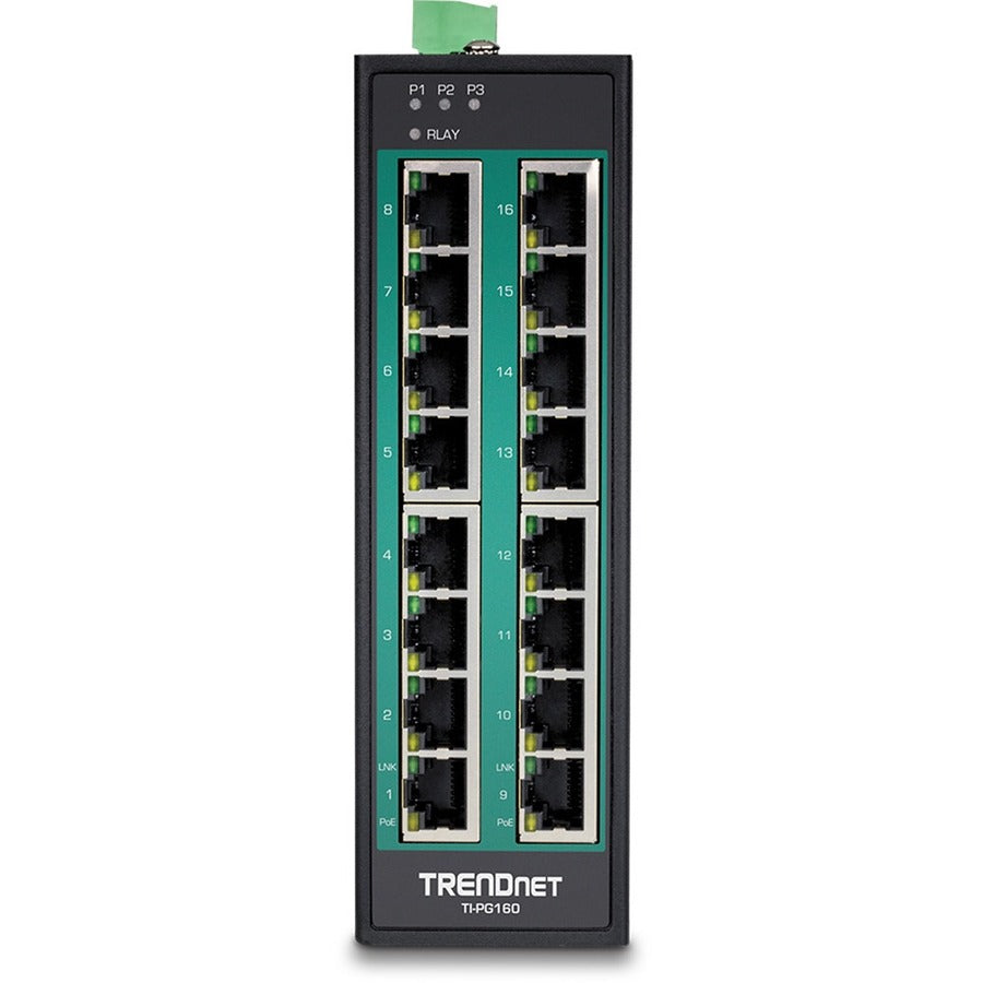 TRENDnet 16-Port Hardened Industrial Unmanaged Gigabit 10/100/1000Mbps DIN-Rail Switch w/ 16 Gigabit PoE+ Ports; Lifetime Protection; TI-PG160