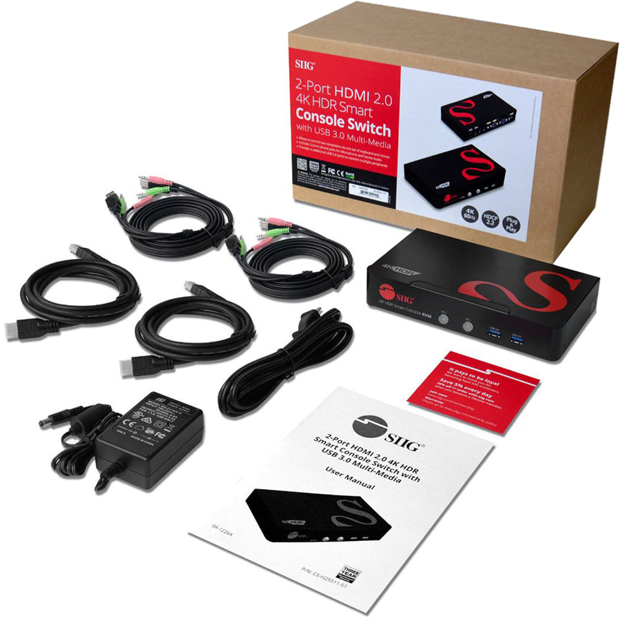 SIIG 2-Port HDMI 4K60Hz HDR Smart Console KVM Switch with USB 3.0 Multi-Media