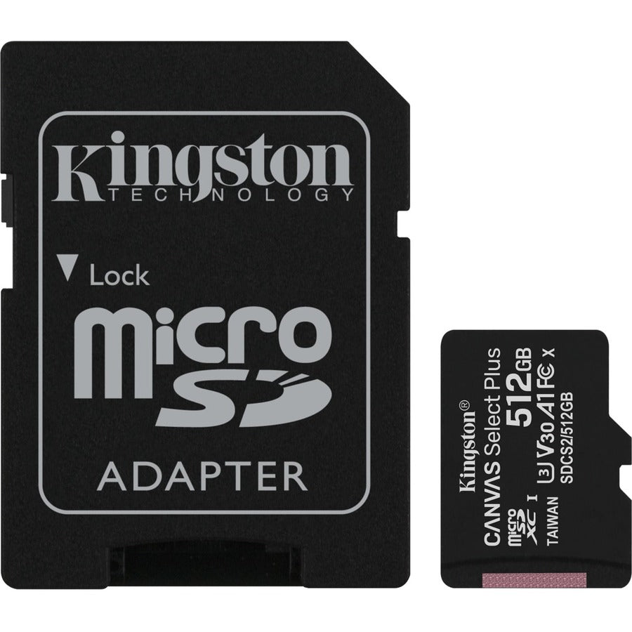 Kingston 512GB micSDXC Canvas Select Plus 100R A1 C10 Card + ADP, 0.6 in, rf, SDCS2