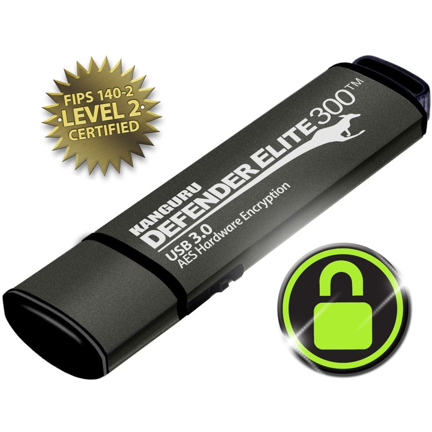iStorage/Kanguru Defender Elite300&trade; FIPS 140-2 Certified, AES XTS 256-Bit Hardware Encrypted USB 3 Secure Flash Drive with Physical Write Protect Switch, 256G
