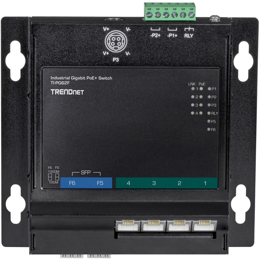 TRENDnet 6-Port Industrial Gigabit PoE+ Wall-Mounted Front Access Switch, TI-PG62F, 4 x Gigabit PoE+ Ports, 2 x Gigabit SFP Slots, DIN-Rail, Wall Mount Brackets Included,