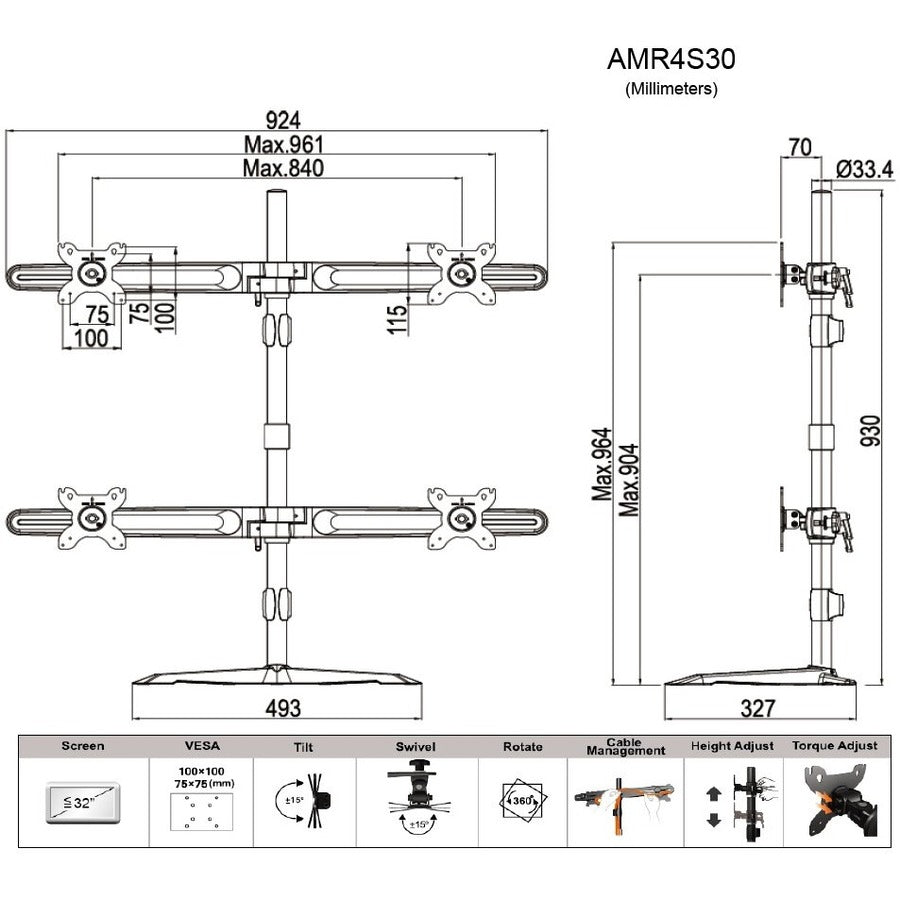 Amer Quad Monitor Stand Mount for 32" Displays
