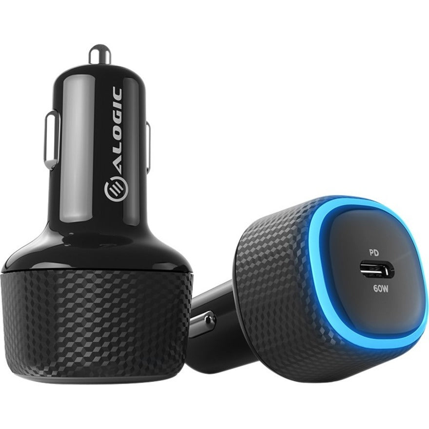 Alogic 60W car charger USB-C ports fast charging for laptops, tablets, and smartphones with 1m cable