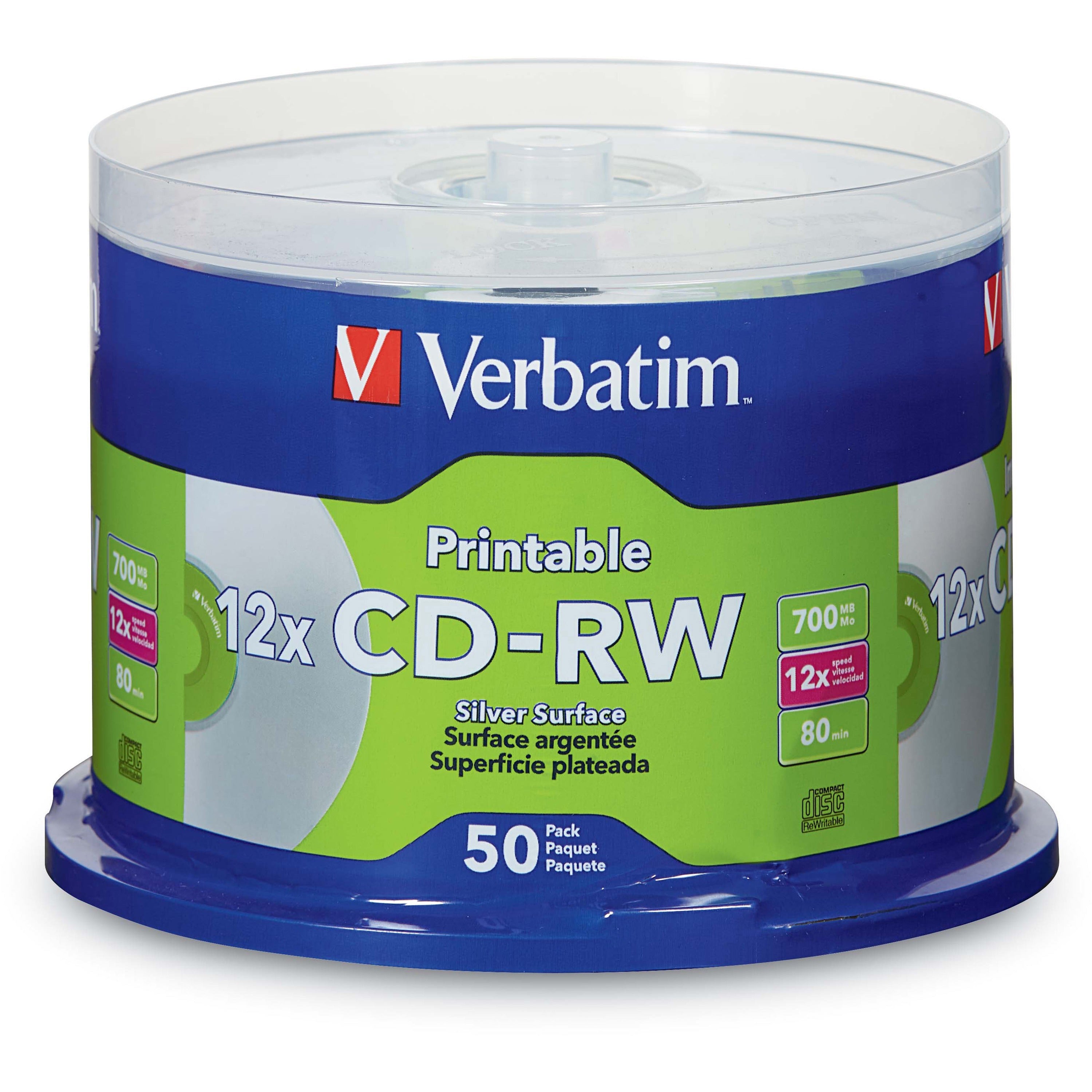 Verbatim CD-RW 700MB 12X DataLifePlus Silver Inkjet Printable with Branded Hub - 50pk Spindle