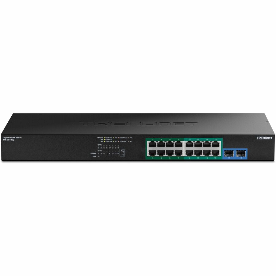 TRENDnet TPE-BG182g, 18-Port Gigabit 470W PoE++ Switch with 8 x 95W PoE++ Ports, 8 x 30W PoE+ Ports, 2 Gigabit SFP Slots,470W PoE Budget, 1U