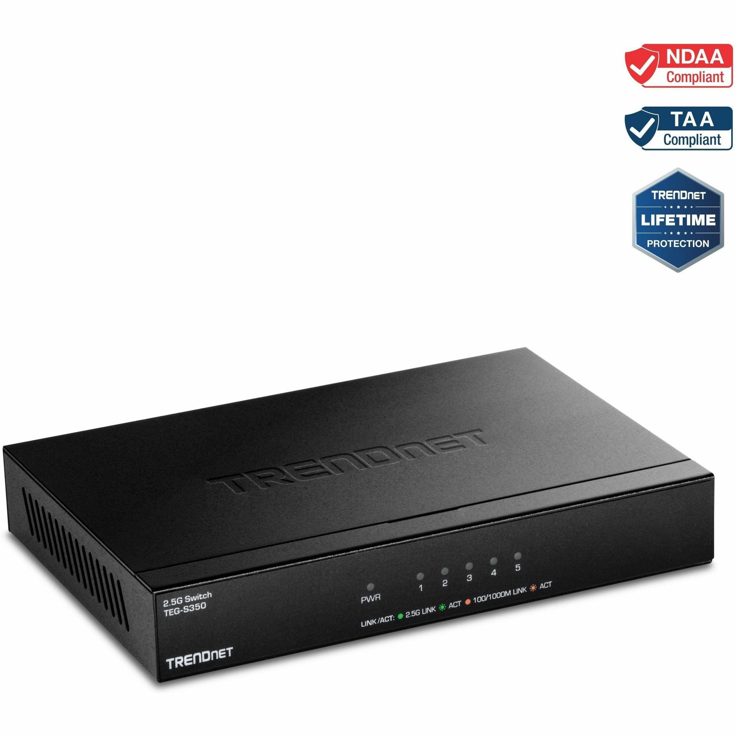 TRENDnet 5-Port Unmanaged 2.5G Switch, 5 x 2.5GBASE-T Ports, 25Gbps Switching Capacity, Backwards Compatible with 10-100-1000Mbps Devices, Fanless, Wall Mountable, Black, TEG-S350