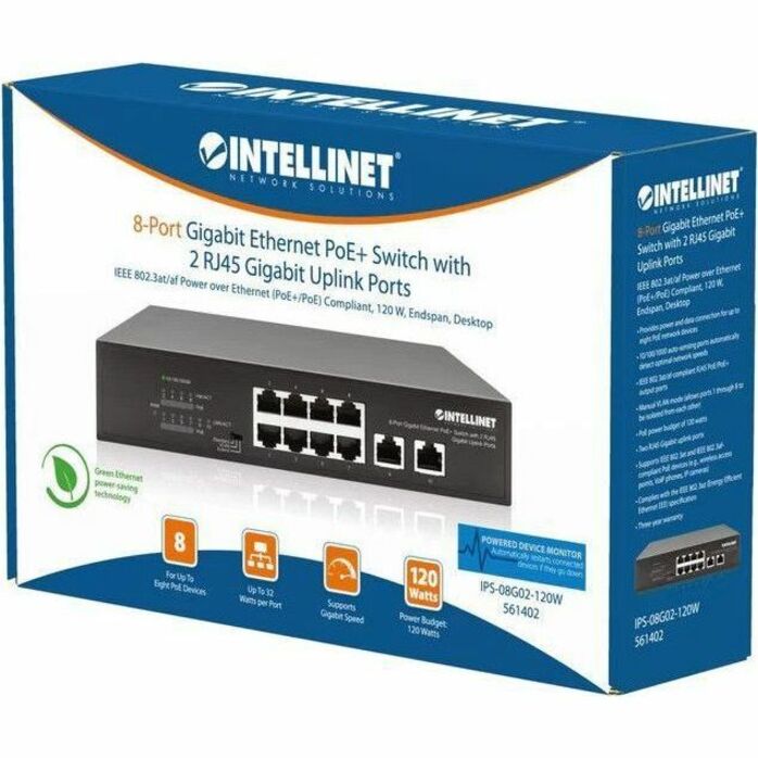 IC Intellinet 8-Port Gigabit Ethernet PoE+ Switch with 2 RJ45 Gigabit Uplink Ports