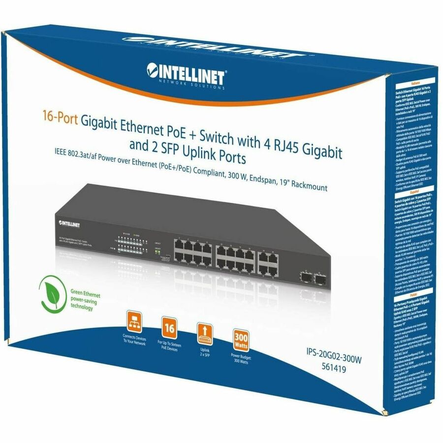 Intellinet 16-Port Gigabit Ethernet PoE+ Switch with 4 RJ45 Gigabit and 2 SFP Uplink Ports
