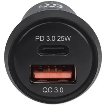 manhattan-car-auto-charger-usb-c-usb-a-outputs-usb-c-power-delivery-up-to-25w-usb-a-charging-up-to-18w-qc-3-0-simultaneous-charging-overload-overcurrent-overheat-protection-black-three-year-warranty-b