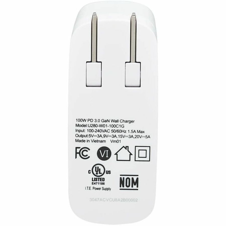 Eaton Tripp Lite Series Compact 1-Port USB-C Wall Charger - GaN Technology, 100W PD3.0 Charging, White