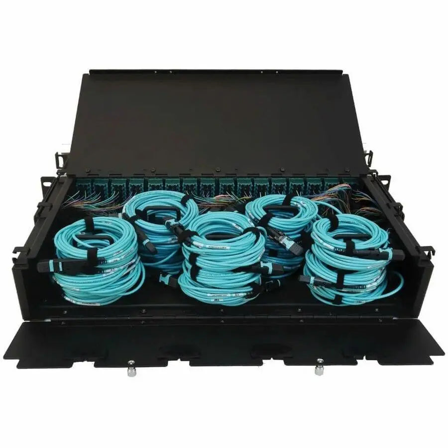 Eaton Tripp Lite Series Preloaded Fiber Patch Panel, 2U - 32x (12F MTP/MPO-PC to 4x LC Duplex F/F) 8F Trunk Cables, OM4 Multimode, 3 m