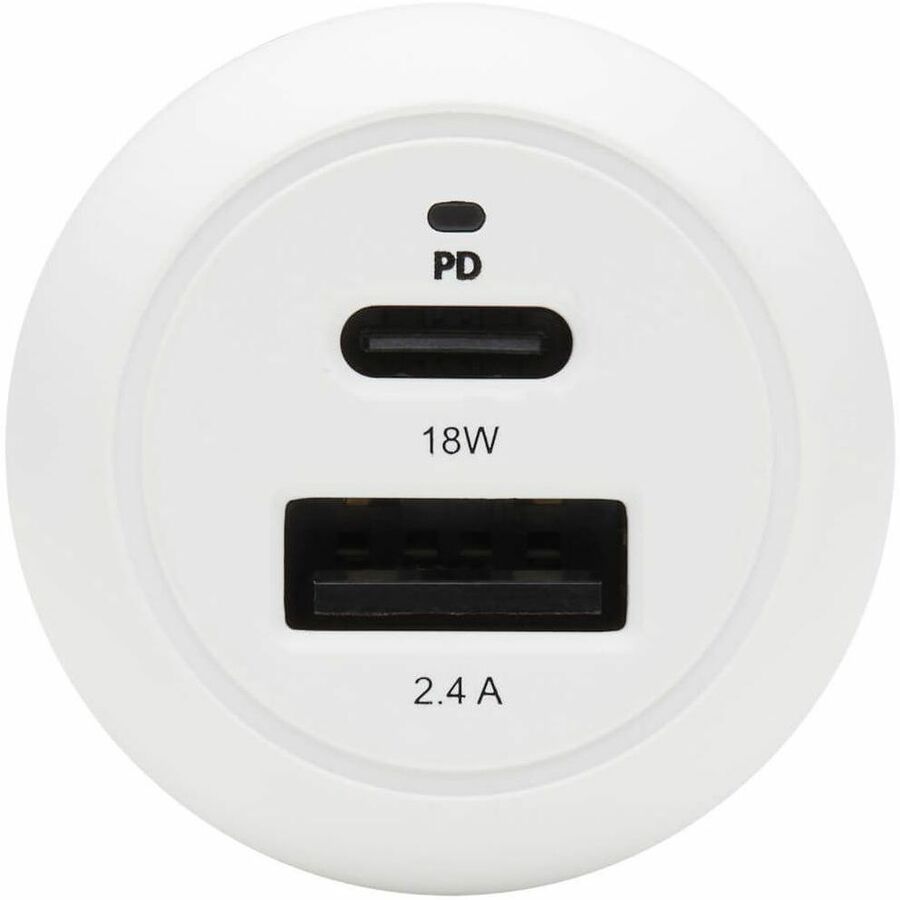 Eaton Tripp Lite Series Dual-Port USB Car Charger - 30W PD Charging, USB-C (18W) & USB-A (12W), USB-C to Lightning Cable, White