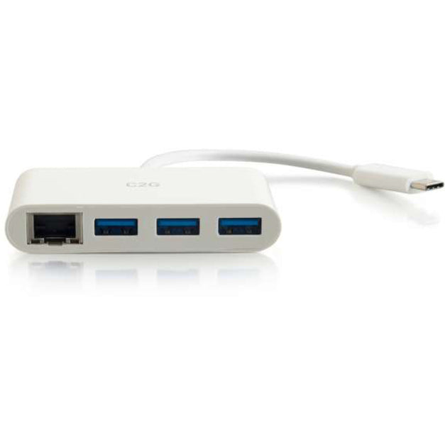 C2G USB-C to Ethernet Adapter with 3-Port USB Hub - White
