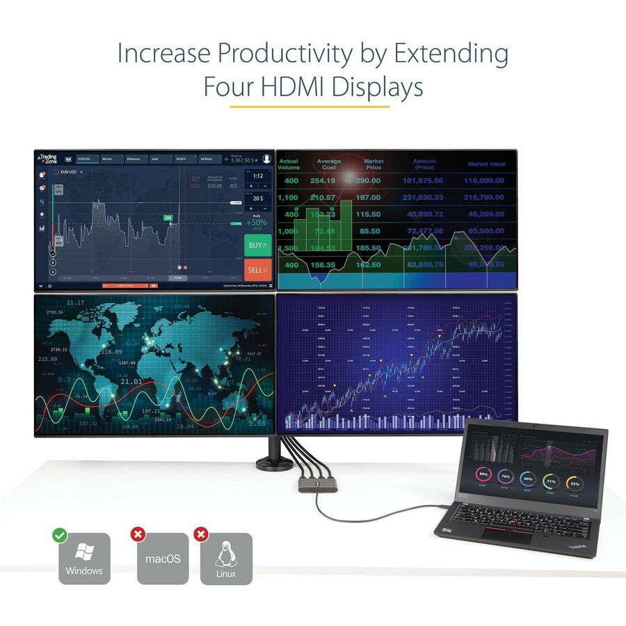 StarTech.com USB C to Quad HDMI Adapter, USB-C to 4x HDMI Monitor Converter for Windows (no support for macOS/ChromeOS/Linux) - TAA