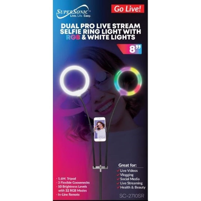 Supersonic, Pro Live Stream Double 8" Selfie Ring Light 32 Color Modes