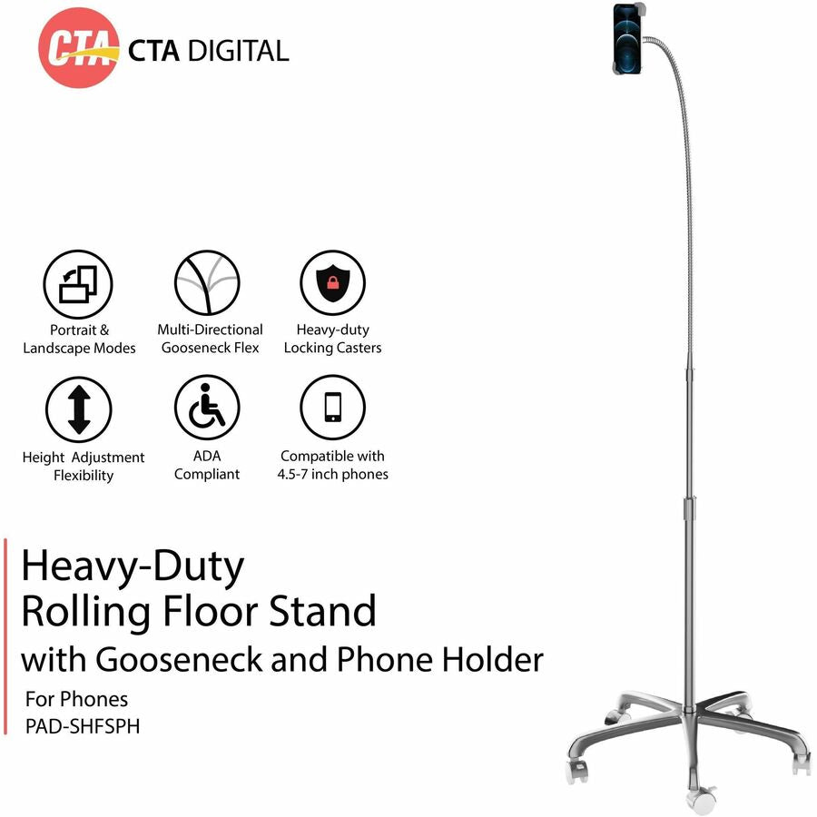 CTA Digital Heavy-Duty Rolling Floor Stand with Gooseneck and Phone Holder
