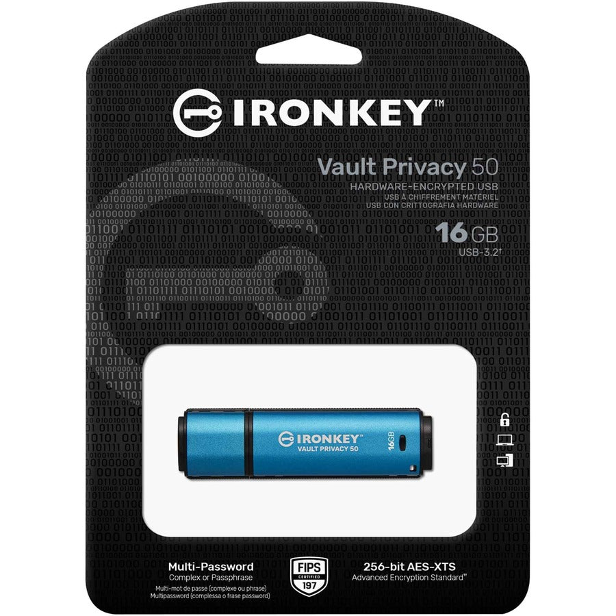 KINGSTON IronKey Vault Privacy 50 Series 16GB USB 3.2 (Gen 1) Type A Flash Drive, 180 m, Blue, IKVP50