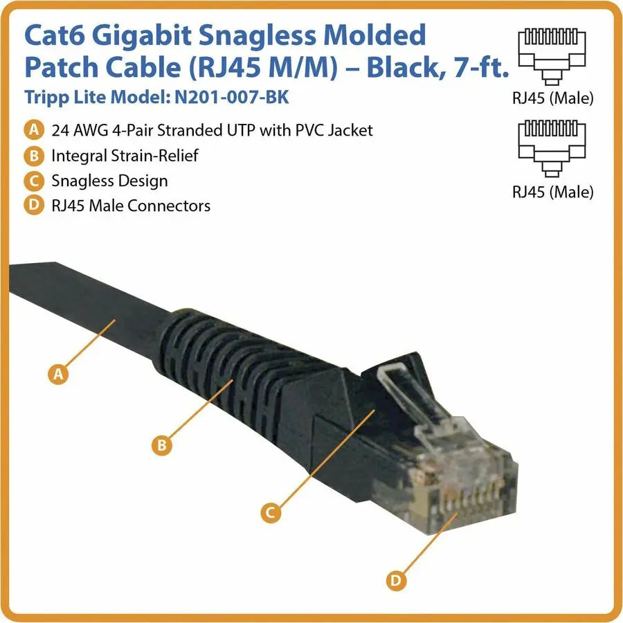 Eaton Tripp Lite Series Cat6 Gigabit Snagless Molded (UTP) Ethernet Cable (RJ45 M/M), PoE, Black, 7 ft. (2.13 m)