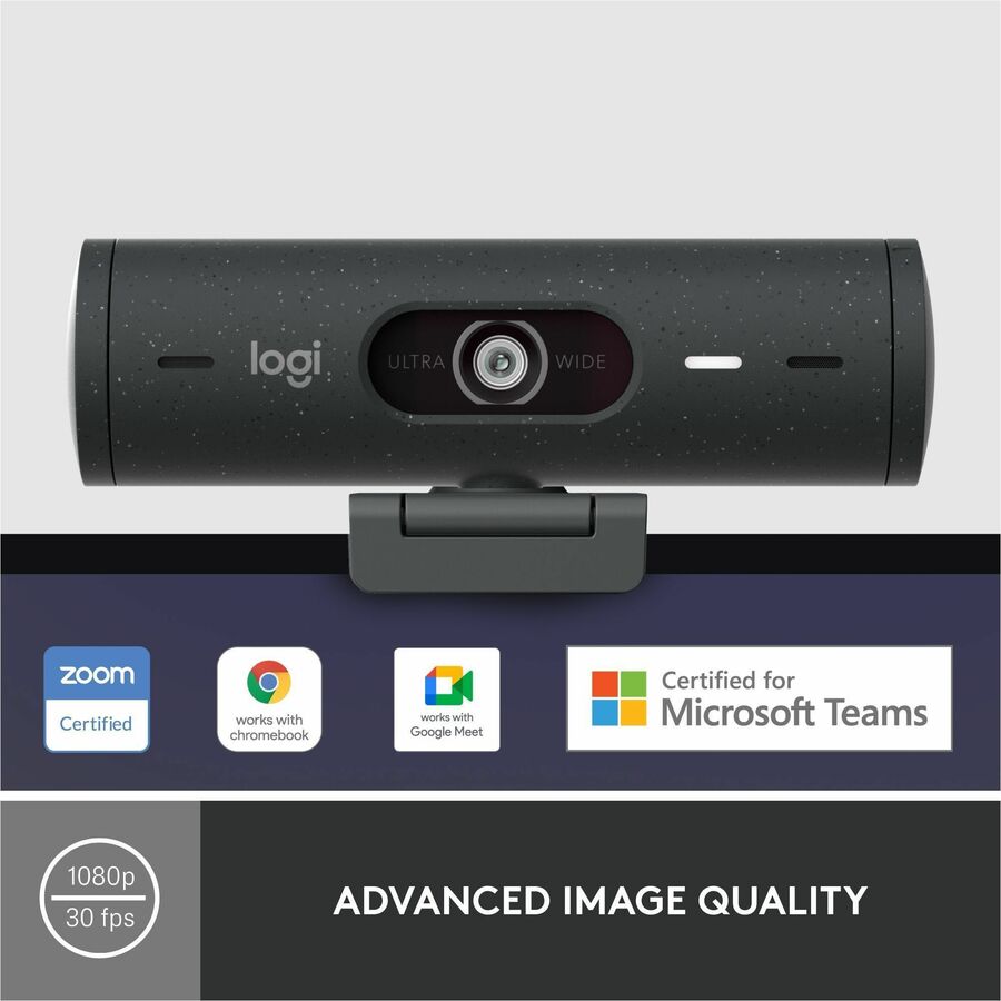 Logitech Brio 500 Full HD webcam, auto framing, noise-reducing mics, privacy shutter, streaming & video calling, Graphite